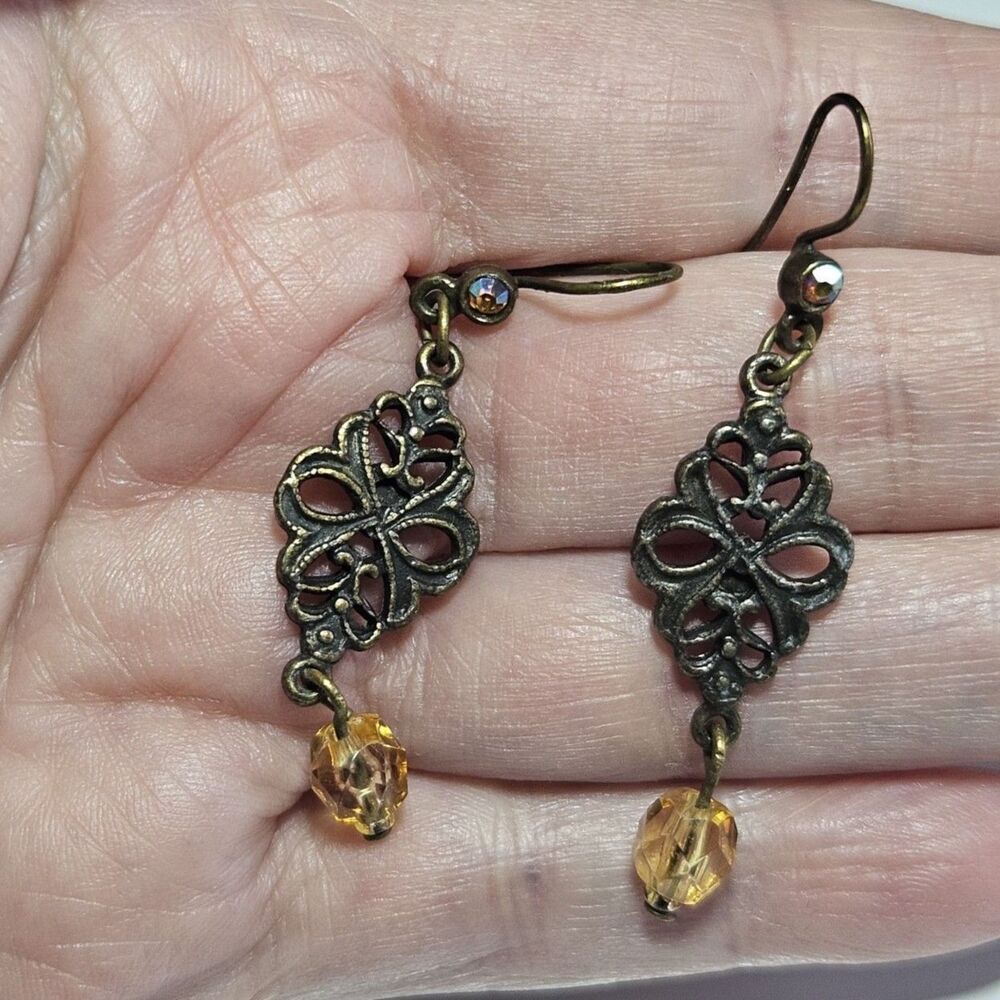 Gold Tone Champagne Colored Dangling Bead Earrings
